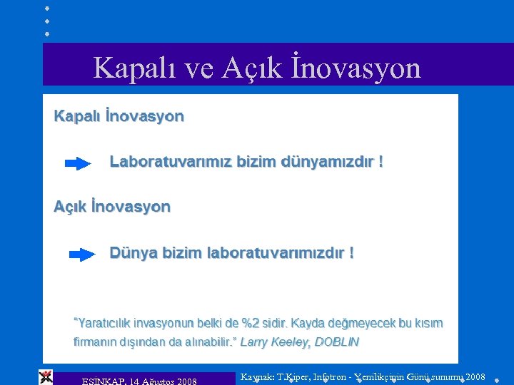 Kapalı ve Açık İnovasyon ESİNKAP, 14 Ağustos 2008 Kaynak: T. Kiper, Infotron - Yenilikçinin