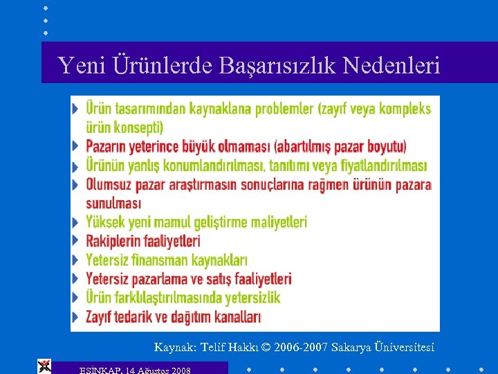 Yeni Ürünlerde Başarısızlık Nedenleri Kaynak: Telif Hakkı © 2006 -2007 Sakarya Üniversitesi ESİNKAP, 14