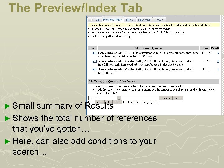 The Preview/Index Tab ► Small summary of Results ► Shows the total number of