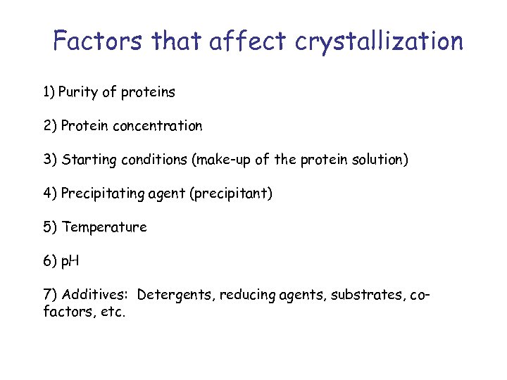 Factors that affect crystallization 1) Purity of proteins 2) Protein concentration 3) Starting conditions