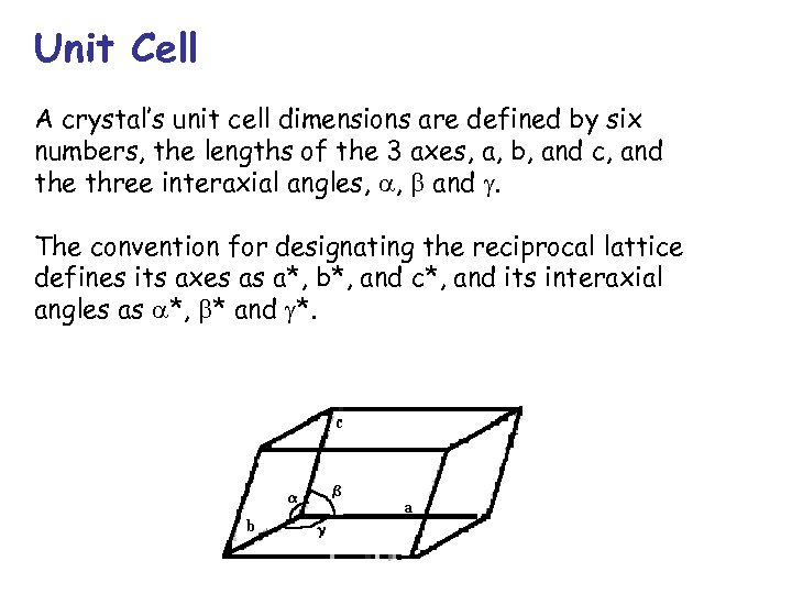 Unit Cell A crystal’s unit cell dimensions are defined by six numbers, the lengths