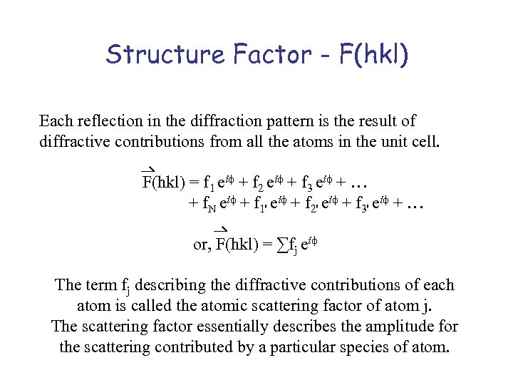 Structure Factor - F(hkl) Each reflection in the diffraction pattern is the result of