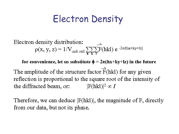 Electron Density Electron density distribution: (x, y, z) = 1/Vunit cell ∑∑∑F(hkl) e -2πi(hx+ky+lz)