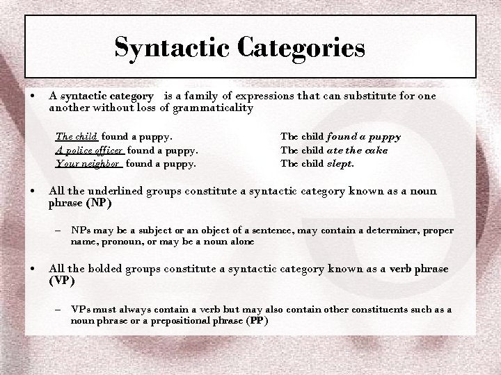 Syntactic Categories • A syntactic category is a family of expressions that can substitute