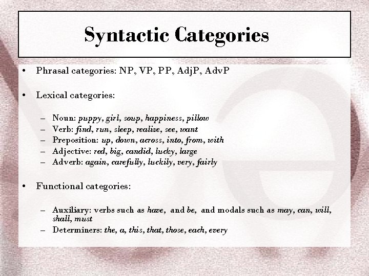 Syntactic Categories • Phrasal categories: NP, VP, PP, Adj. P, Adv. P • Lexical