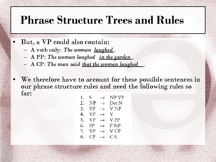 Phrase Structure Trees and Rules • But, a VP could also contain: – A