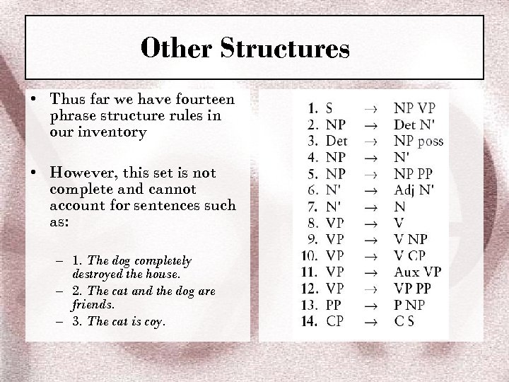 Other Structures • Thus far we have fourteen phrase structure rules in our inventory