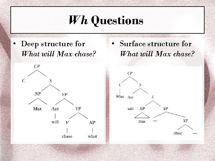 Wh Questions • Deep structure for What will Max chase? • Surface structure for