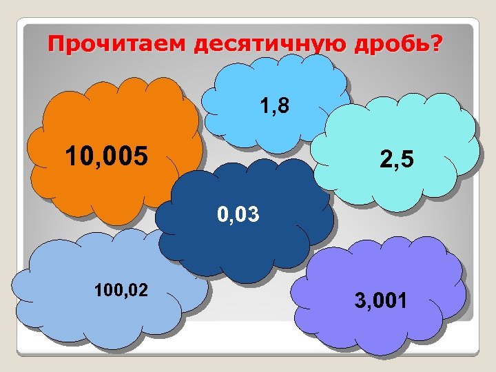 Прочитаем десятичную дробь? 1, 8 10, 005 2, 5 0, 03 100, 02 3,