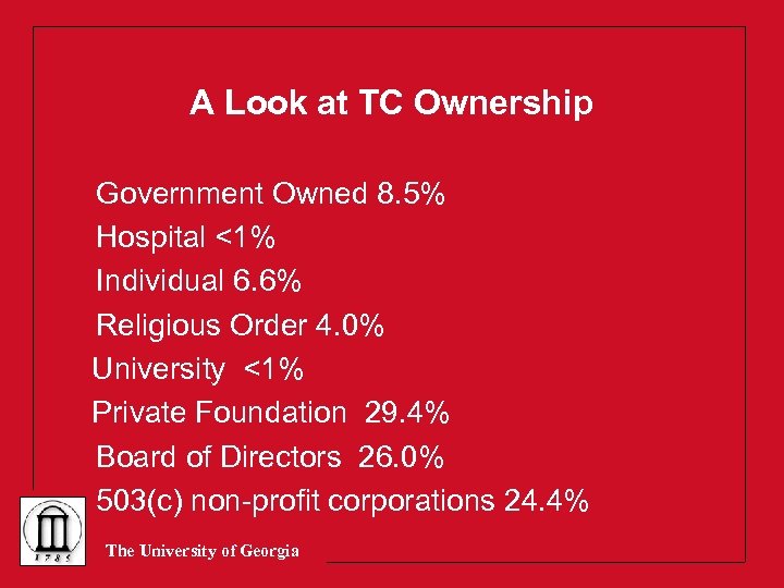 A Look at TC Ownership Government Owned 8. 5% Hospital <1% Individual 6. 6%