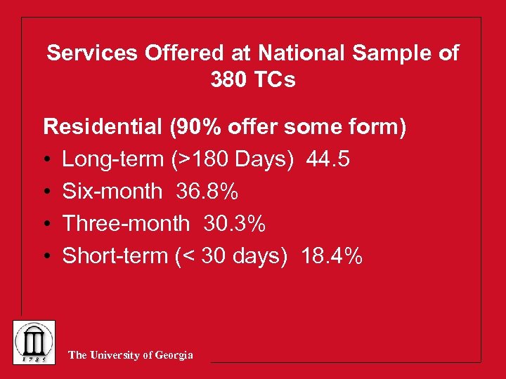 Services Offered at National Sample of 380 TCs Residential (90% offer some form) •