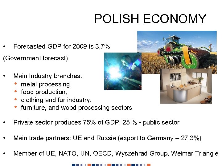 POLISH ECONOMY • Forecasted GDP for 2009 is 3, 7% (Government forecast) • Main