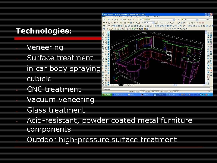 Technologies: - - - Veneering Surface treatment in car body spraying cubicle CNC treatment