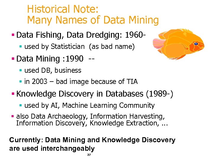 Historical Note: Many Names of Data Mining § Data Fishing, Data Dredging: 1960§ used