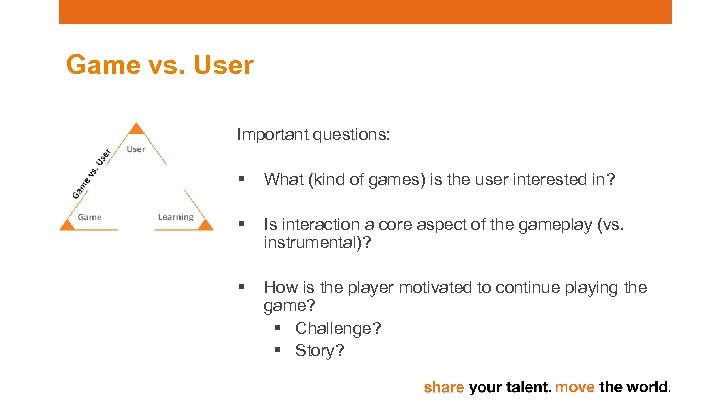 Game vs. User Important questions: § What (kind of games) is the user interested