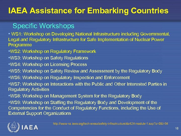IAEA Assistance for Embarking Countries Specific Workshops • WS 1: Workshop on Developing National