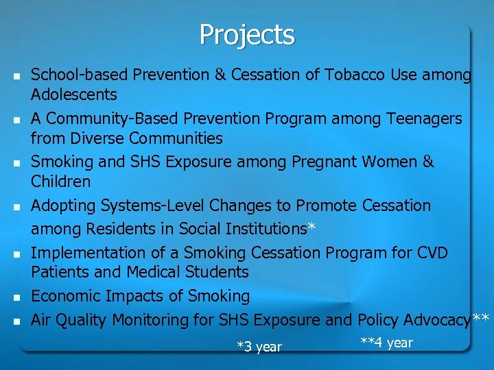 Projects n n n n School-based Prevention & Cessation of Tobacco Use among Adolescents