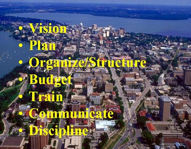  • • Vision Plan Organize/Structure Budget Train Communicate Discipline 
