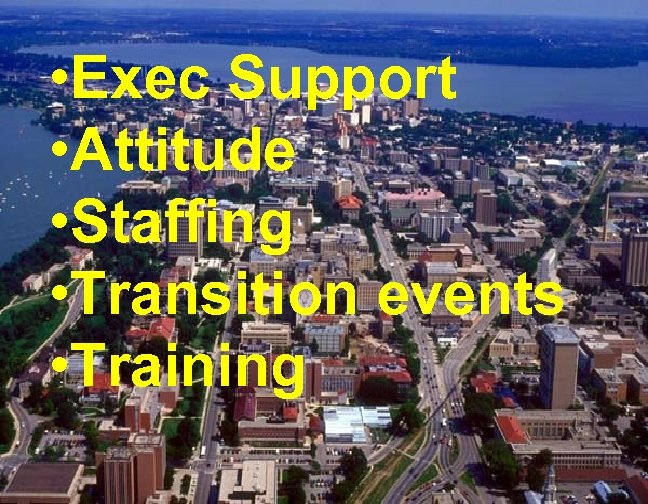  • Exec Support • Attitude • Staffing • Transition events • Training 