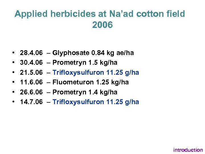 Applied herbicides at Na’ad cotton field 2006 • • • 28. 4. 06 30.