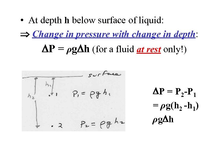  • At depth h below surface of liquid: Change in pressure with change