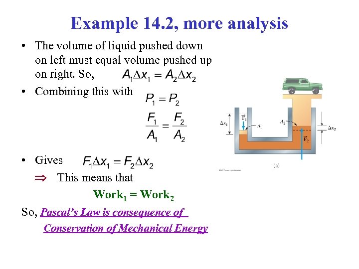 Example 14. 2, more analysis • The volume of liquid pushed down on left