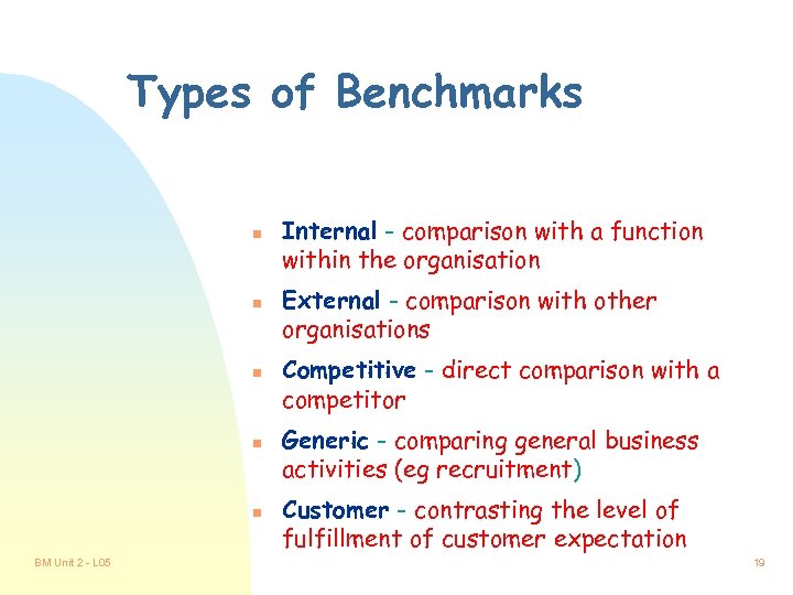 Types of Benchmarks n n n BM Unit 2 - L 05 Internal -