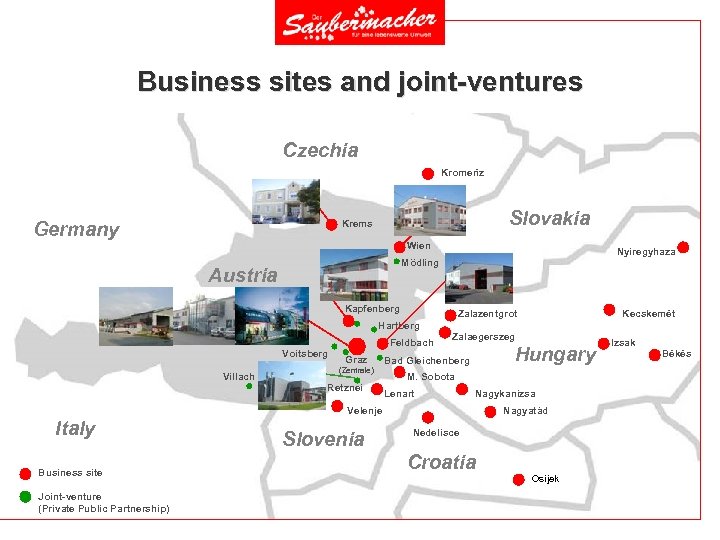 Business sites and joint-ventures Czechia Kromerìz Slovakia Krems Germany Wien Nyiregyhaza Mödling Austria Kapfenberg