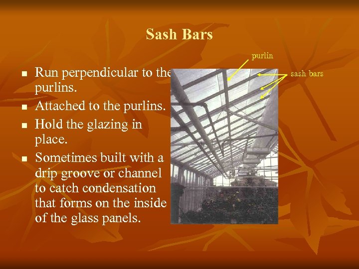 Sash Bars purlin n n Run perpendicular to the purlins. Attached to the purlins.