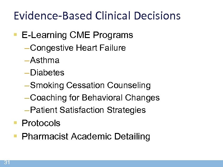 Evidence-Based Clinical Decisions § E-Learning CME Programs – Congestive Heart Failure – Asthma –