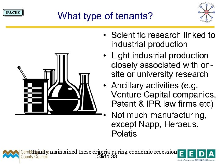 What type of tenants? • Scientific research linked to industrial production • Light industrial