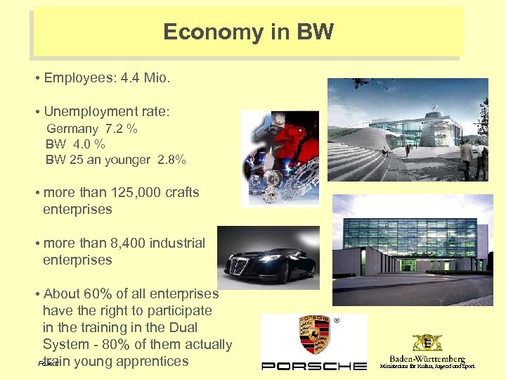 Economy in BW • Employees: 4. 4 Mio. • Unemployment rate: Germany 7. 2