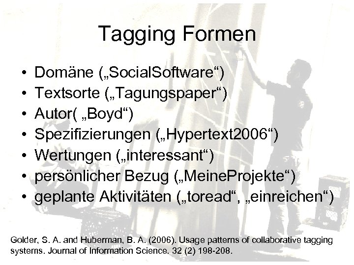 Tagging Formen • • Domäne („Social. Software“) Textsorte („Tagungspaper“) Autor( „Boyd“) Spezifizierungen („Hypertext 2006“)