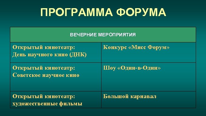 ПРОГРАММА ФОРУМА ВЕЧЕРНИЕ МЕРОПРИЯТИЯ Открытый кинотеатр: День научного кино (ДНК) Конкурс «Мисс Форум» Открытый