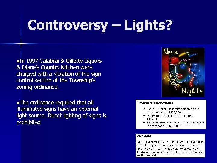Controversy – Lights? n. In 1997 Calabrai & Gillette Liquors & Diane’s Country Kitchen