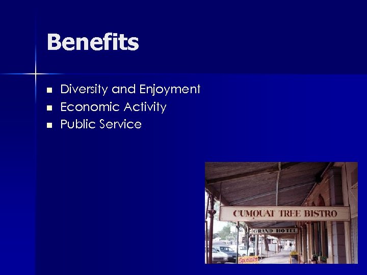 Benefits n n n Diversity and Enjoyment Economic Activity Public Service 