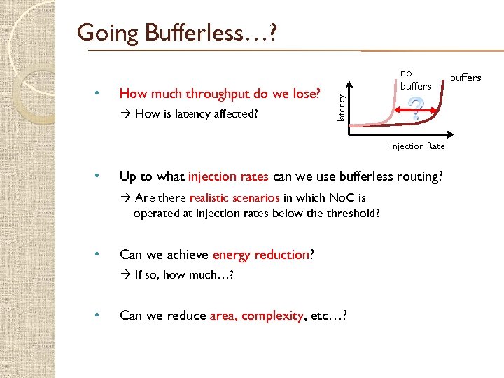 Going Bufferless…? How much throughput do we lose? How is latency affected? latency •