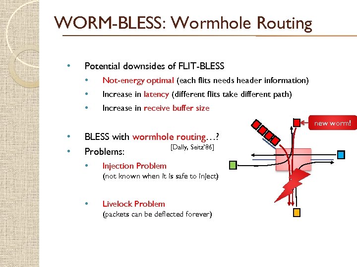 WORM-BLESS: Wormhole Routing • Potential downsides of FLIT-BLESS • • • Not-energy optimal (each