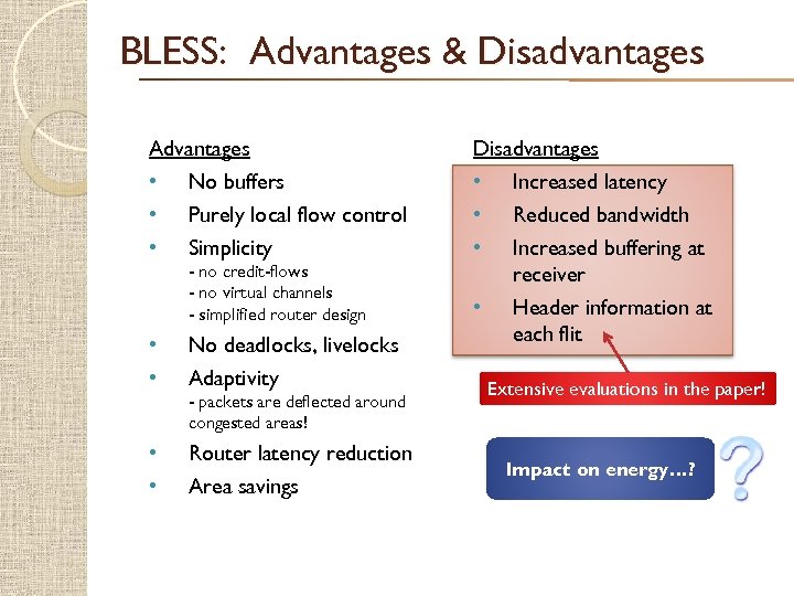 BLESS: Advantages & Disadvantages Advantages • No buffers • Purely local flow control •