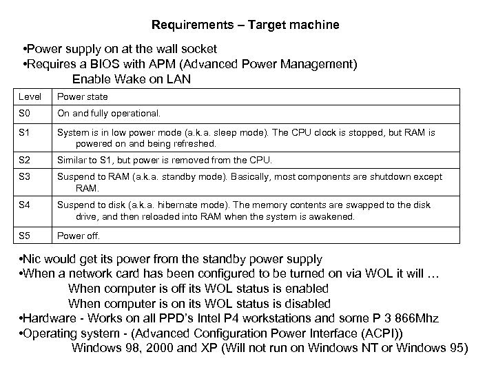 Requirements – Target machine • Power supply on at the wall socket • Requires