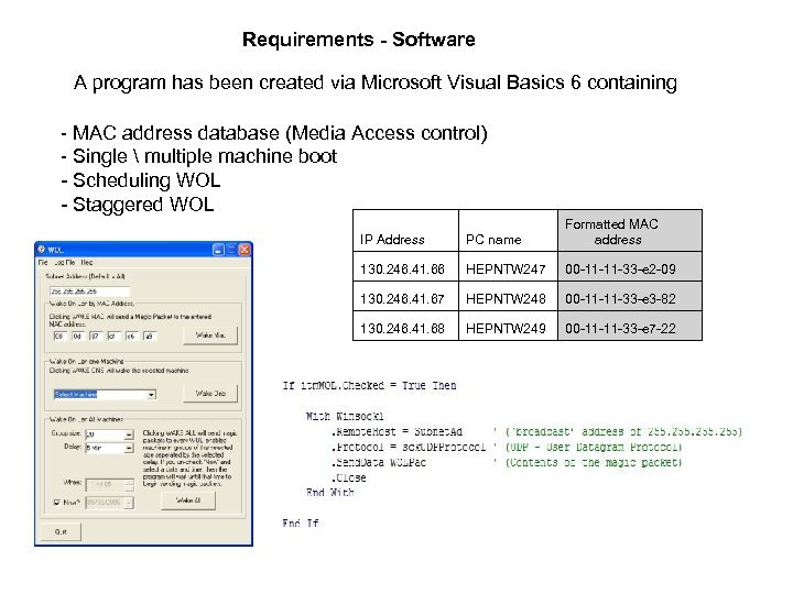 Requirements - Software A program has been created via Microsoft Visual Basics 6 containing