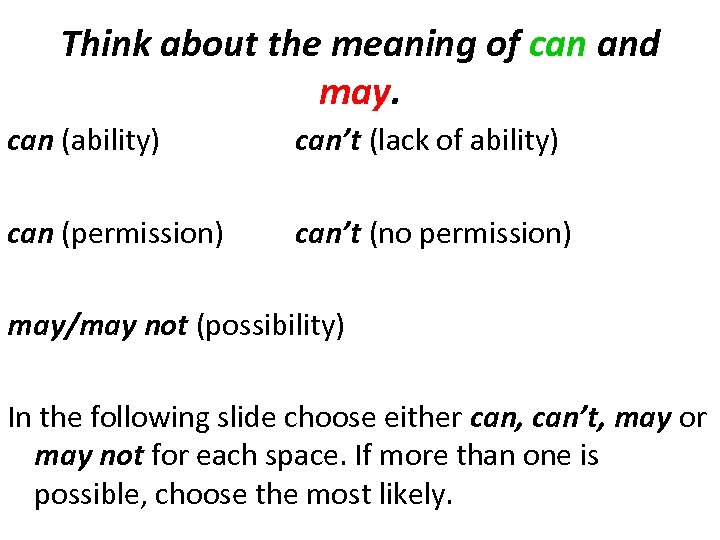 Think about the meaning of can and may. can (ability) can’t (lack of ability)