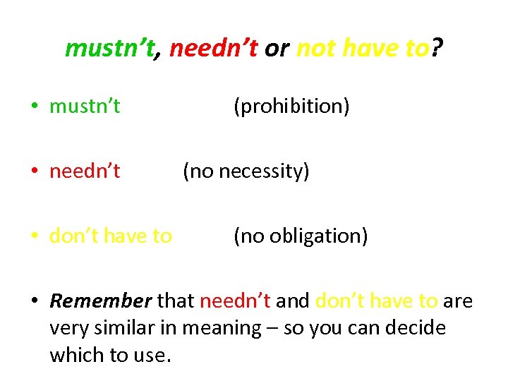 mustn’t, needn’t or not have to? • mustn’t • needn’t • don’t have to