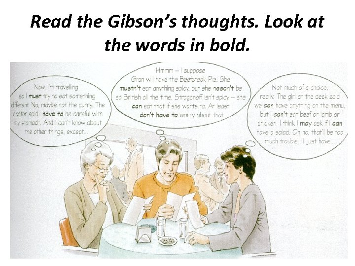 Read the Gibson’s thoughts. Look at the words in bold. 