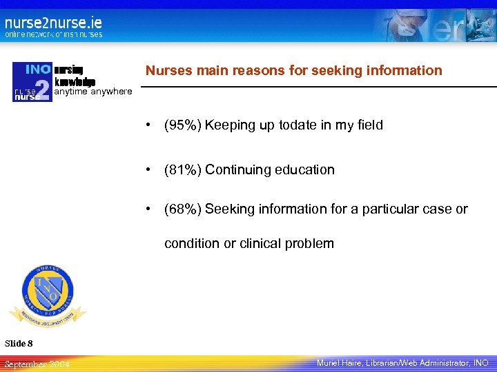 nursing knowledge Nurses main reasons for seeking information anytime anywhere • (95%) Keeping up