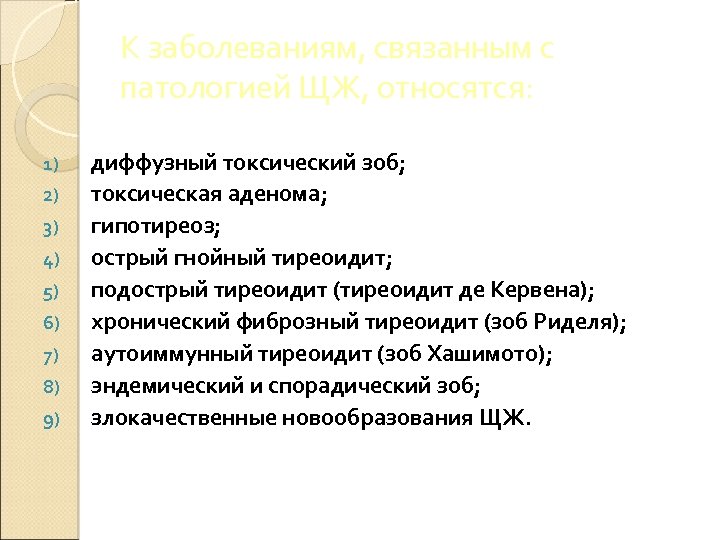 К заболеваниям, связанным с патологией ЩЖ, относятся: 1) 2) 3) 4) 5) 6) 7)