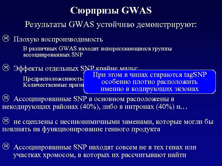 Сюрпризы GWAS Результаты GWAS устойчиво демонстрируют: L Плохую воспроизводимость В различных GWAS находят непересекающиеся
