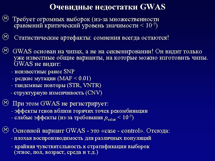 Очевидные недостатки GWAS L Требует огромных выборок (из-за множественности сравнений критический уровень значимости <