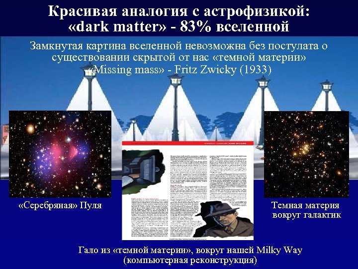 Красивая аналогия с астрофизикой: «dark matter» - 83% вселенной Замкнутая картина вселенной невозможна без