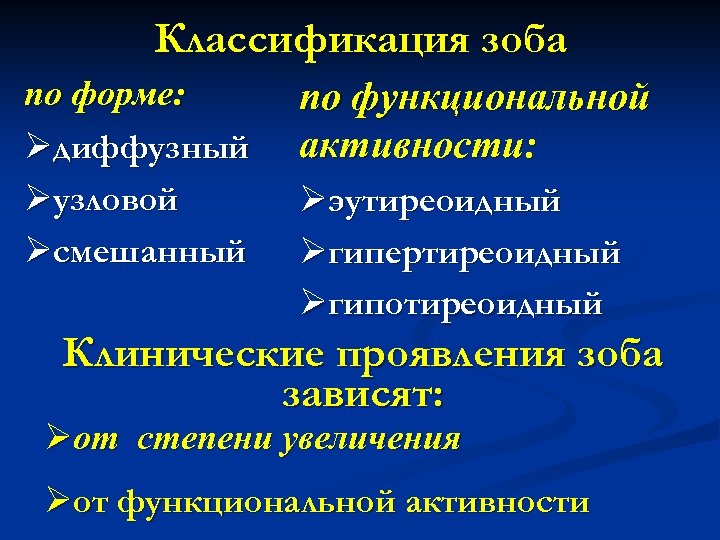 Классификация зоба по форме: Øдиффузный Øузловой Øсмешанный по функциональной активности: Øэутиреоидный Øгипертиреоидный Øгипотиреоидный Клинические